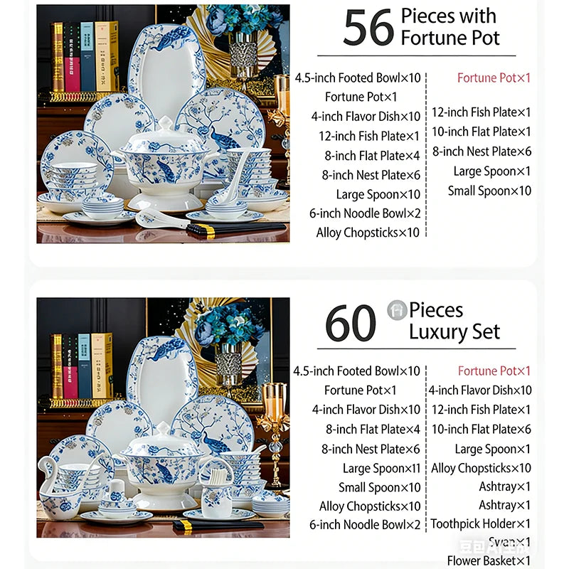 Blue And White Porcelain Tableware Set 18/28/56/30pcs Ceramics Dish Sets Full Set Luxury China Dinnerware Set For 4/6/10 Persons