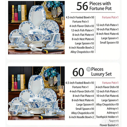 Blue And White Porcelain Tableware Set 18/28/56/30pcs Ceramics Dish Sets Full Set Luxury China Dinnerware Set For 4/6/10 Persons