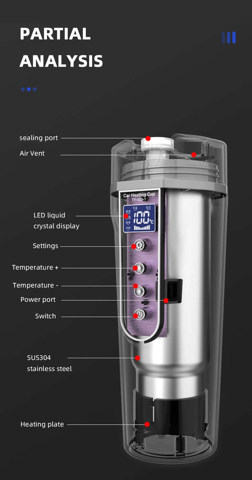 R31 450ml Car Heating Cup 12v/24v Portable Electric Kettle Smart Touch Screen Thermal Mug Temperature Adjustable Car Heating Mug