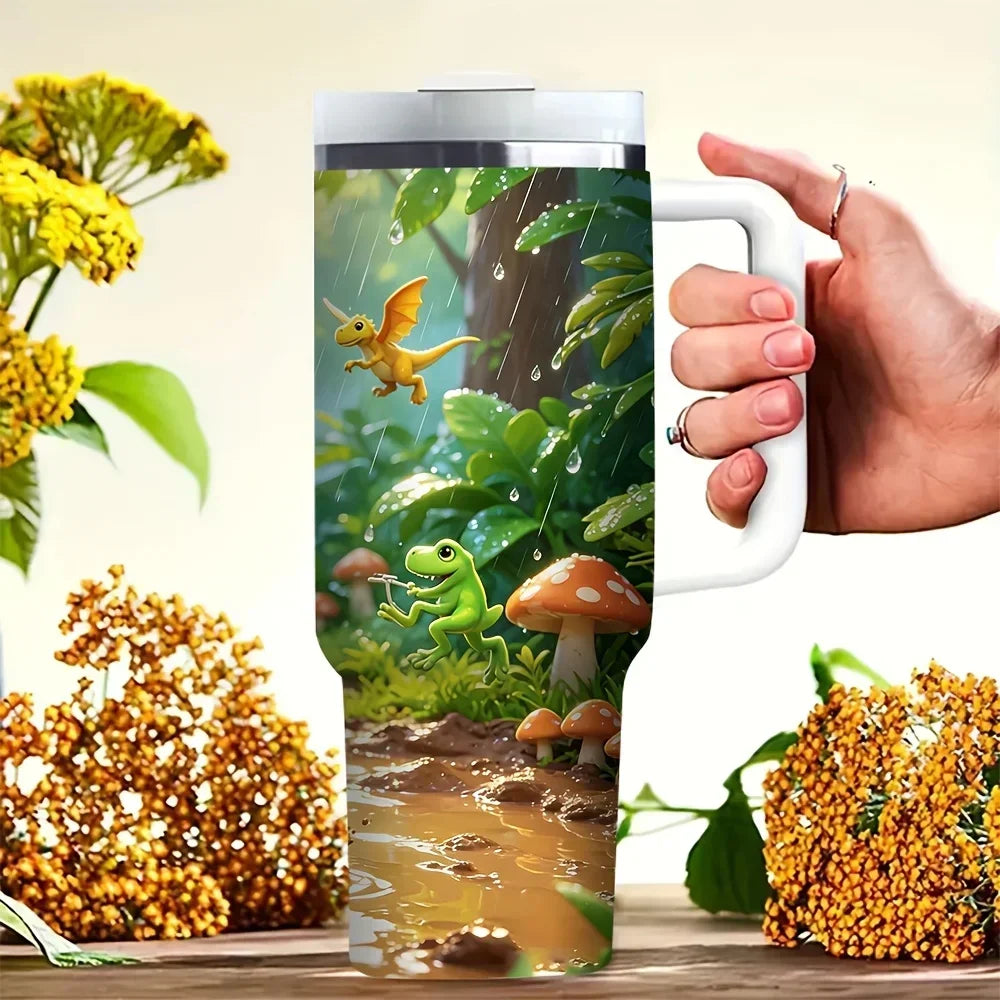 40oz Tumbler with Handle, Cute Cartoon Dinosaur Jungle Riding Print, Suitable for All Ages, Perfect for All Seasons, Great for Outdoor Activities And Fits Both Hot And Cold Drinks