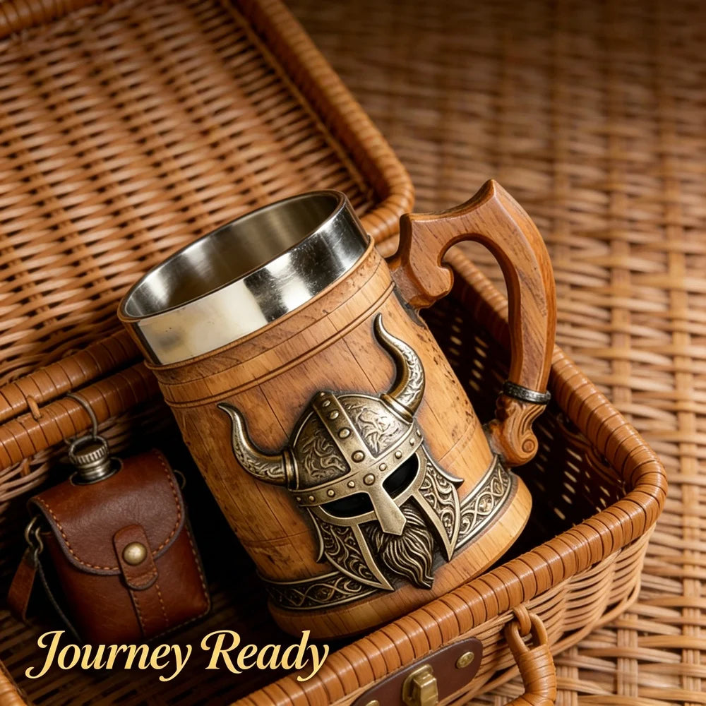 Medieval Revival Viking Pirate Beer Mug "Norse Mythology Odin/Thor Theme" Tankard Nordic Medieval Axe Handle Wood Barrel Stein