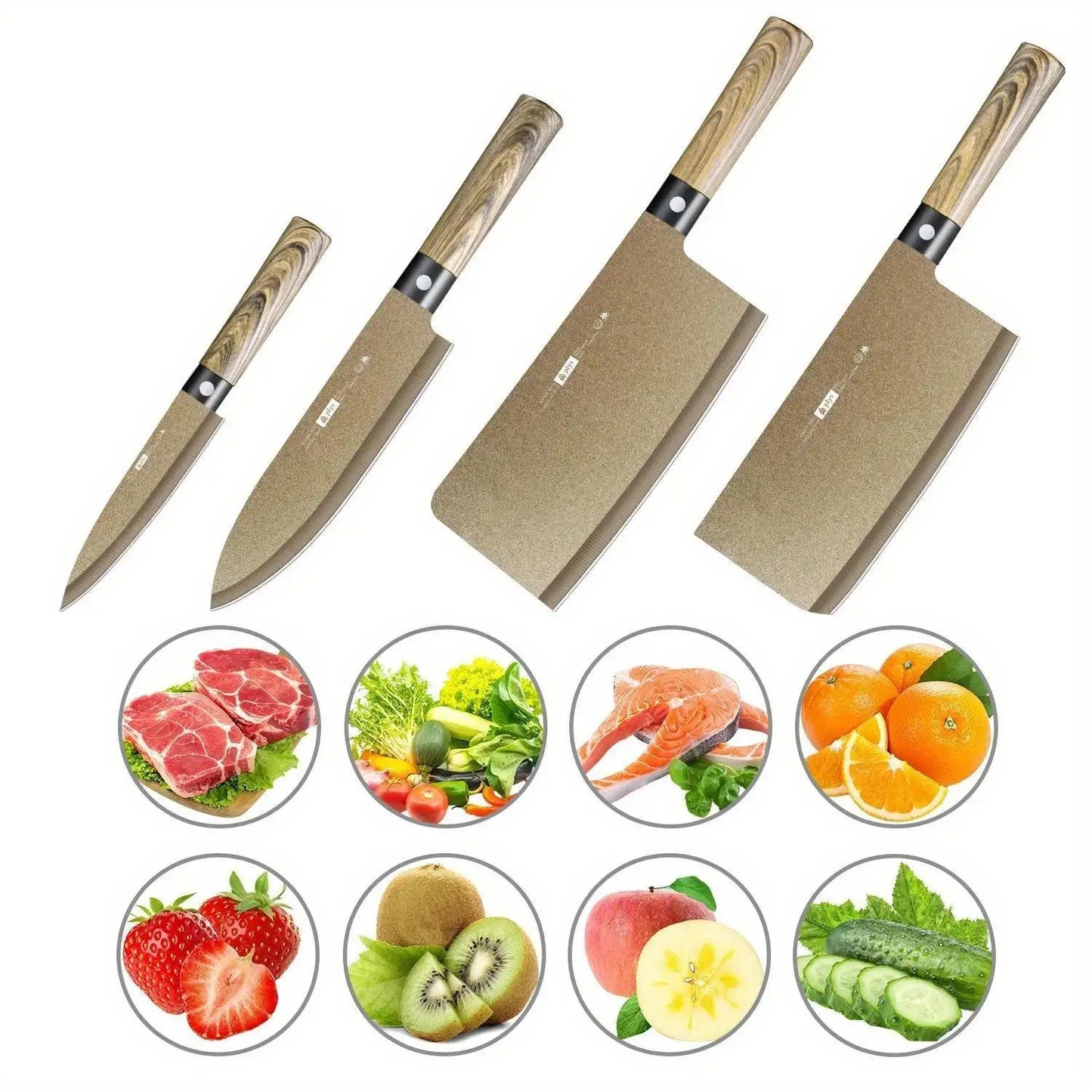 4-piece Commercial wood grain Titanium kitchen knife set, sharp meat cutter, multi-purpose slslice knife, chef BBQ knife se