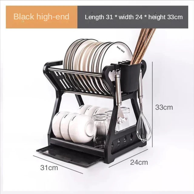 Dish Drainer Dish Drying Rack Kitchen Storage Double Layer Dish Drainer Shelf Knife Fork Container Holder Cutting Board Stand