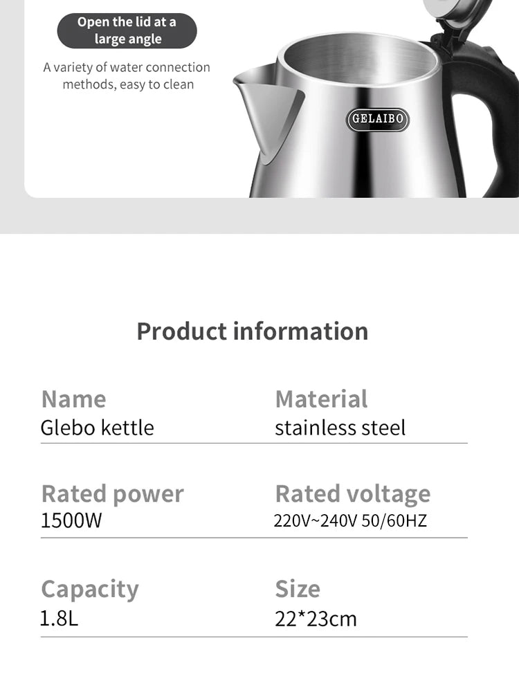 GELAIBO electric kettle, large-capacity 1.8-liter glass kettle, one-button boiling water, automatic shutdown, anti-dry function