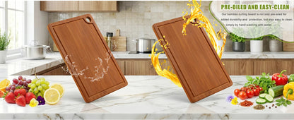 Tool And Gadget Sets - Bamboo Cutting Boards for The Kitchen - Three-Piece Wooden Cutting Boards with Juice Slot, Side Handles And Non-Slip Pads - Suitable for Meat, Vegetables And Fruits - Ideal Kitchen Gift - Suitable for V