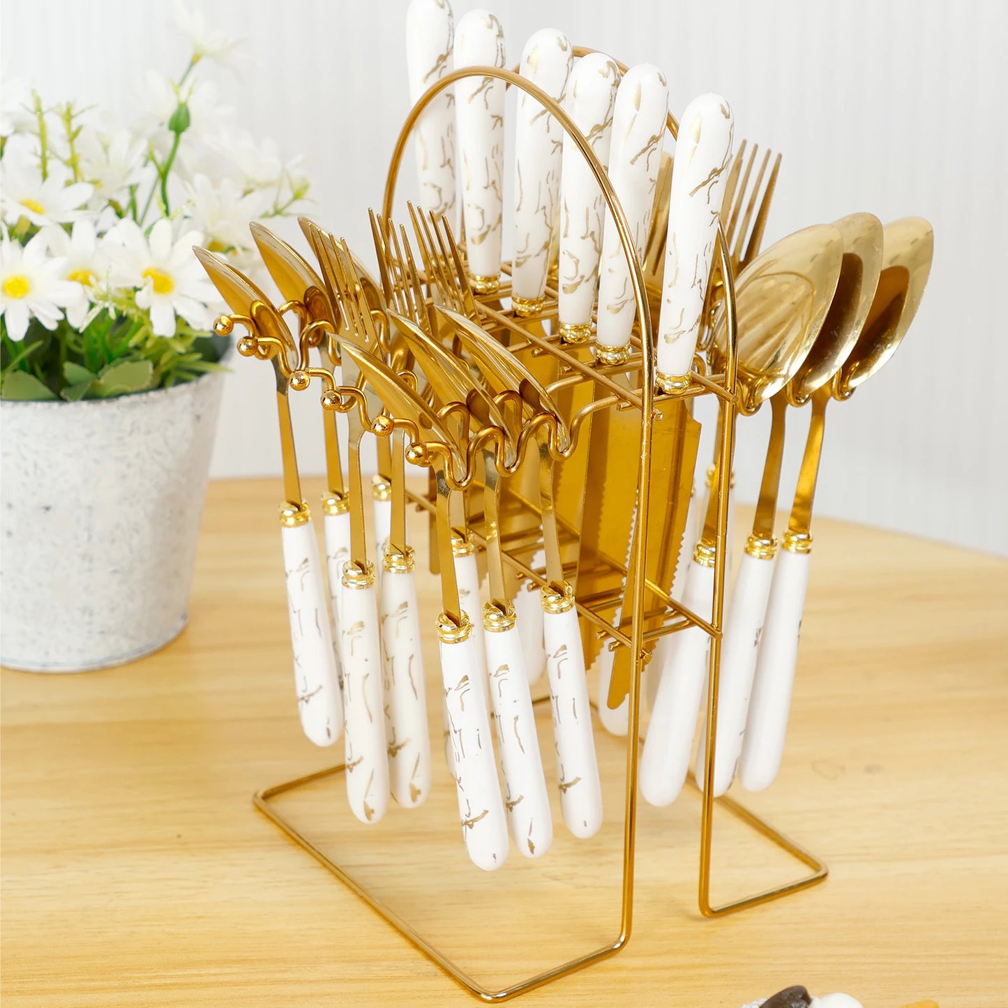 24Pcs Tableware Set with Holder Stainless Steel Cutlery Set Service for 6 Utensils Set Mirror Polished Forks Knives Spoon Set