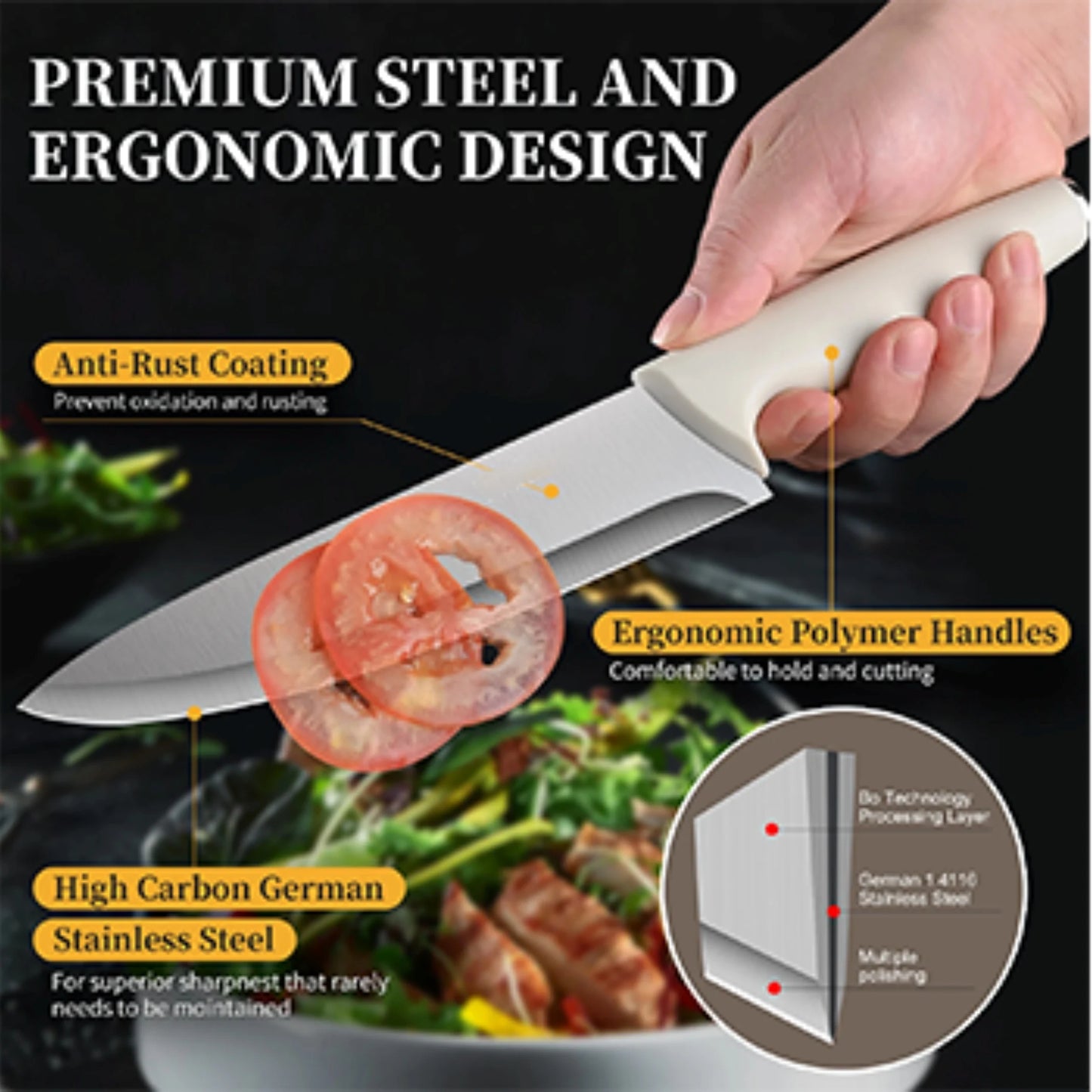 15 pieces kitchen stainless steel knife set, multi-purpose, ergonomic for long-term use without getting tired, all-round cutting
