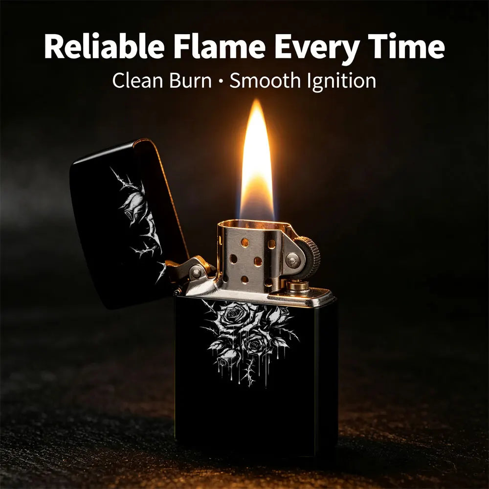 Pocket Lighter, Flip-Top Windproof Design, Metal Case with Black & White Rose Print Art, Comfortable Grip, Adjustable Flame, Portable & Durable - Ideal Gift for Smokers