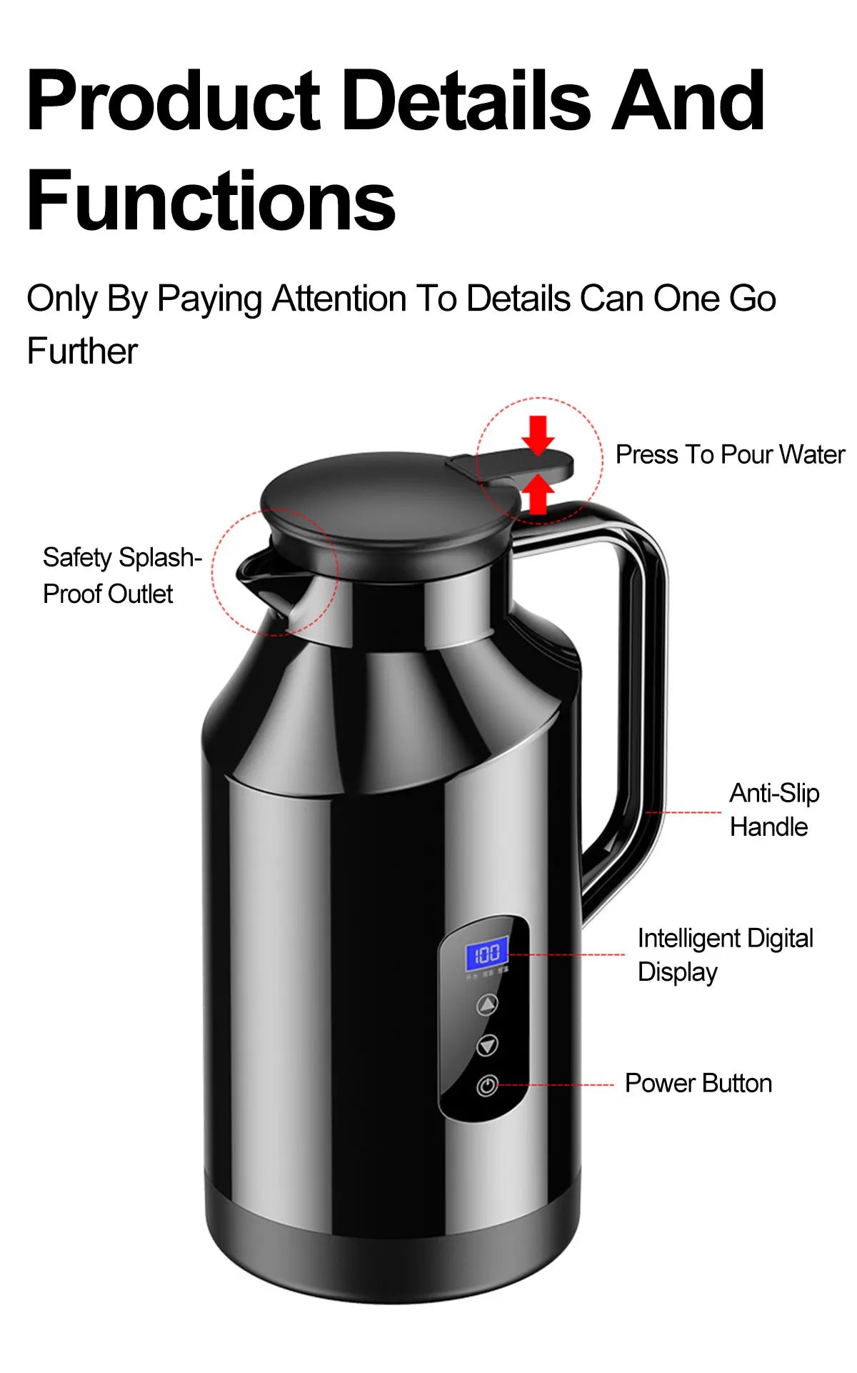 Portable Car Hot Kettle 1.5L Large Capacity 304 Stainless Steel Portable Water Heater Auto Travel 12V 24V For Coffee Tea