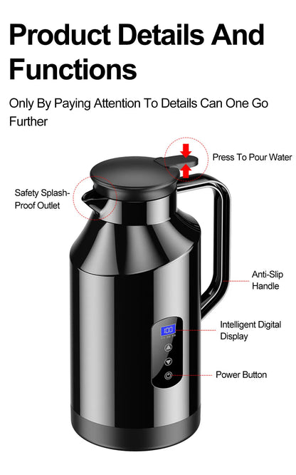 Portable Car Hot Kettle 1.5L Large Capacity 304 Stainless Steel Portable Water Heater Auto Travel 12V 24V For Coffee Tea