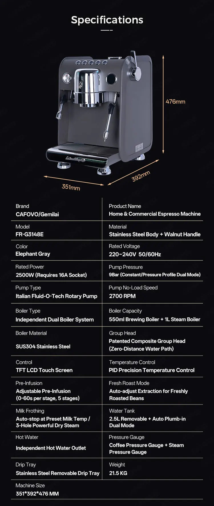 CAFOVO G3148E Commercial Espresso Machine Dual Boiler Rotary Pump TFT Pressure Profiling 9Bar PID Coffee Machine Café Barista