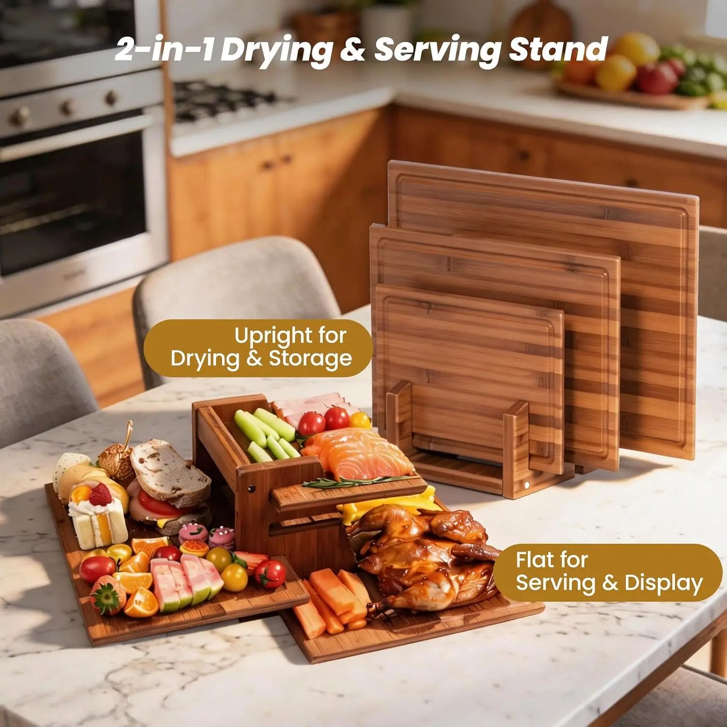 Bamboo Cutting Board Set With Stand, 3PCS Double-Sided Chopping Boards For Kitchen Meal Prep & Serving, Charcuterie, Juice Groov