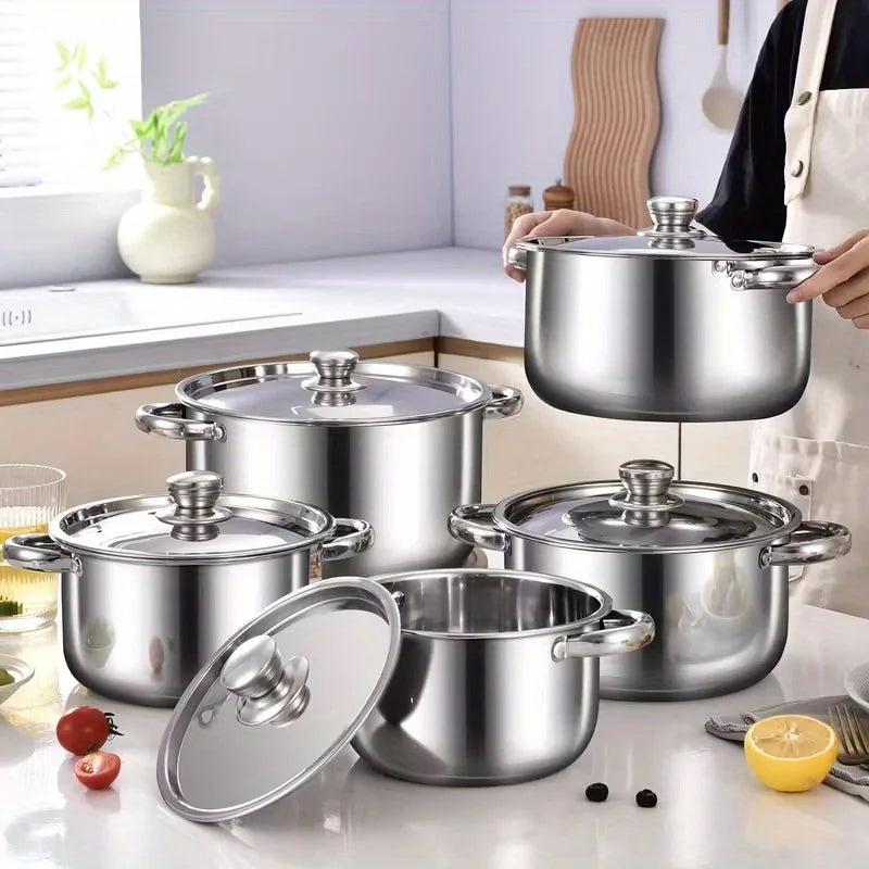 10/12pcs- Stainless Steel Pots And Pans 6pots+6pots - Heavy-Duty, Non-stick Cookware Set with Lid for Stew, Simmering, Soup -