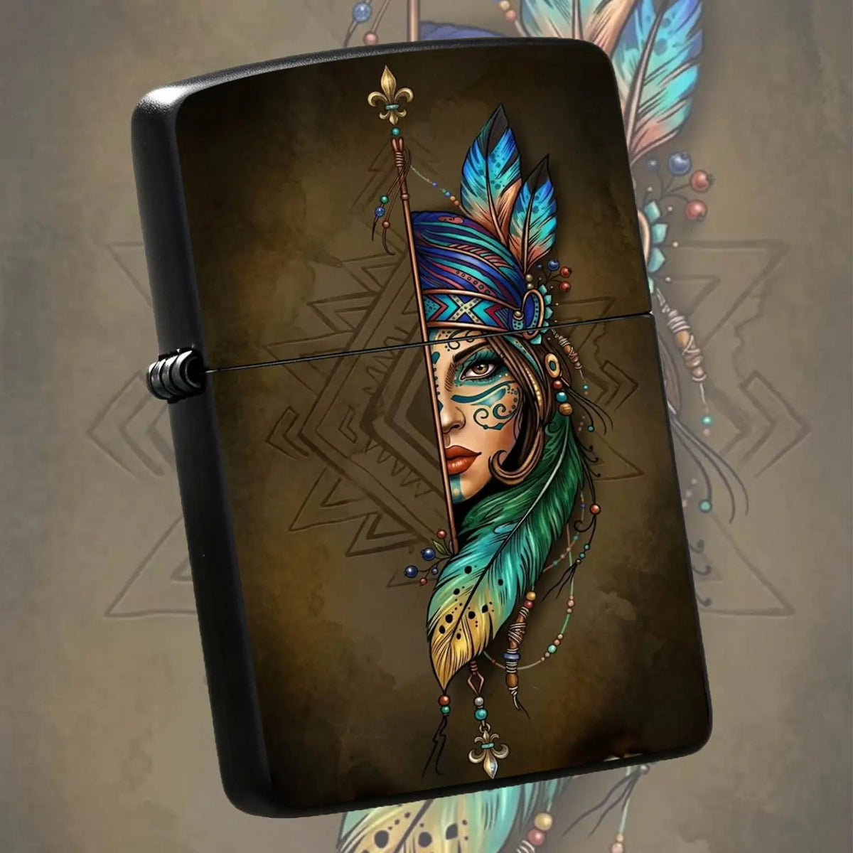 Creative Lighter with Tribal Totem Feather Half-Faced Lady Pattern Retro Art Style Decorative Igniter Portable Stylish Accessory Daily Carry Practical Item Unique Exquisite Gift for Friends Family Suitable  A Humorous and Int