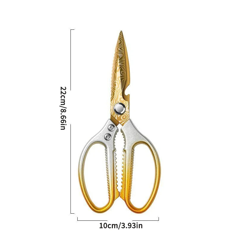Golden Damascus pattern kitchen scissors, high hardness and strong chicken bone barbecue food specific scissors