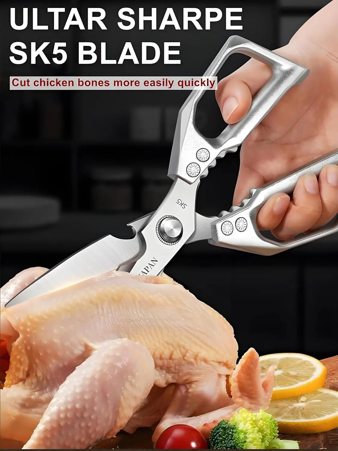 Heavy Duty Kitchen Scissors – Sharp Stainless Steel Cooking Shears for Meat, Chicken, Fish, Poultry, Herbs and Bread, Dishwasher Safe, Silver