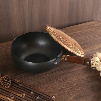 Healthy Hand Forging Cast Iron Pot NonStick Uncoated Frying Pan with Wooden Lid Chinese Wok Induction Cooker Gas