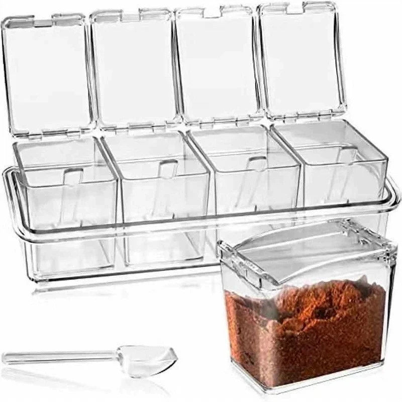 1PC Kitchen Spice Pot 4 Transparent Seasoning Boxes Storage Containers Seasoning Cans Acrylic Seasoning Boxes With Lids Spoons