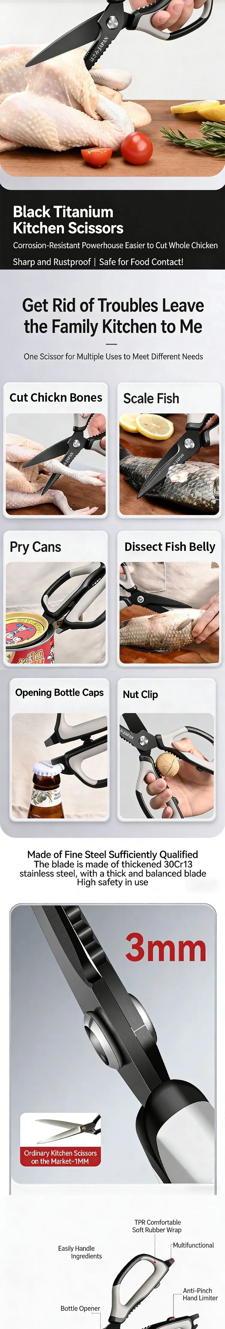2 Pcs Heavy Duty Multi-Purpose Kitchen Scissors - Flexible Handle for Cutting Chicken Bones,Meat,Craft & Office Use, Ladies Gift
