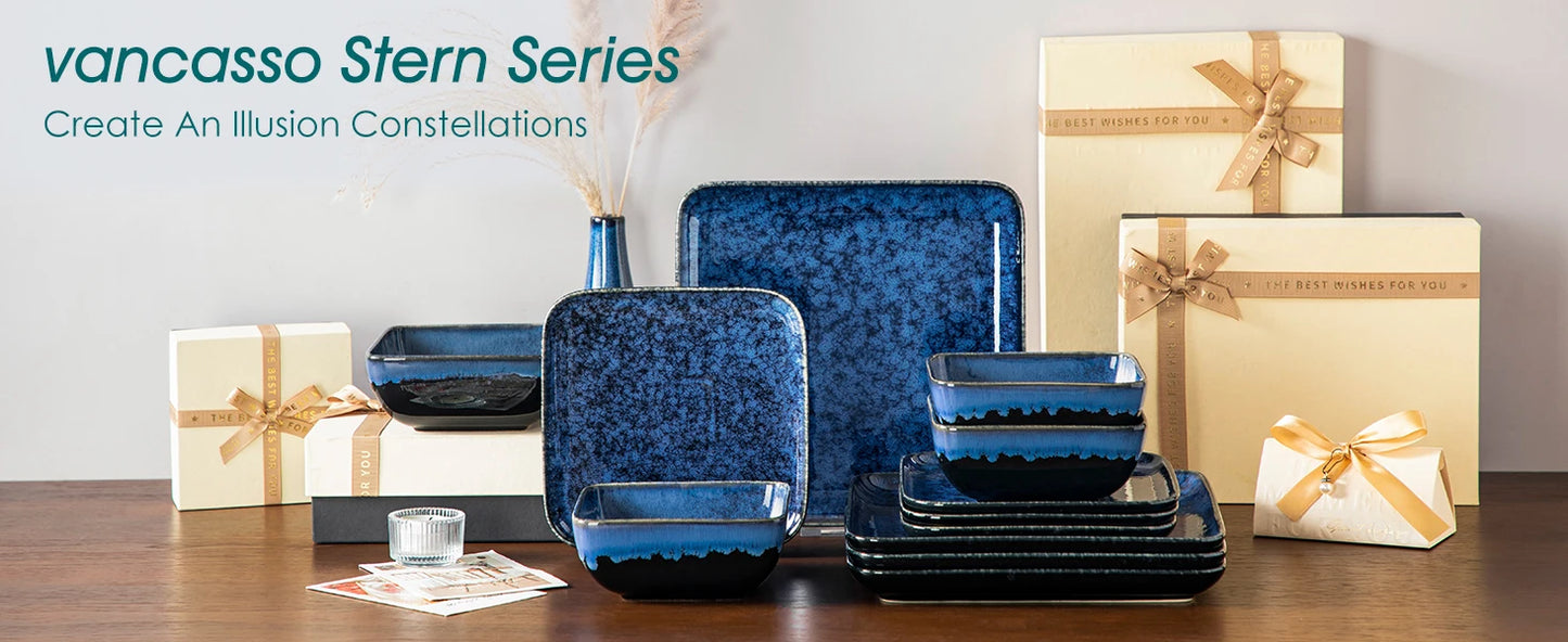 vancasso 12/24/36 Piece Ceramic Dinner Sets Square Blue Reactive Glaze Tableware Set with 4/8/12pcs Dinner Plate/ Dessert/Bowl