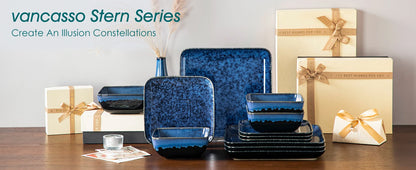 vancasso 12/24/36 Piece Ceramic Dinner Sets Square Blue Reactive Glaze Tableware Set with 4/8/12pcs Dinner Plate/ Dessert/Bowl