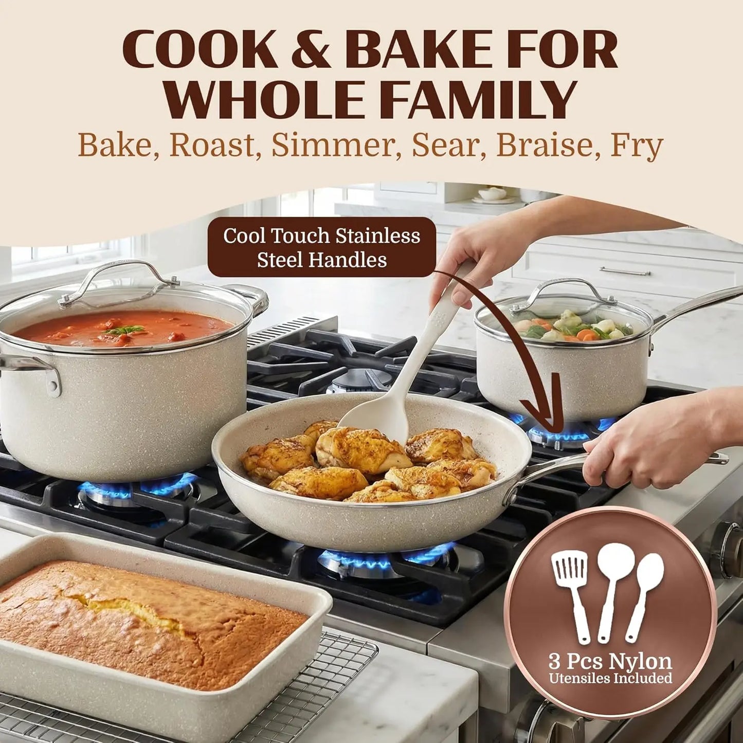 20 Pc Ceramic Nonstick Cookware Set, Complete Pots and Pans with Bakeware, Utensils & Steamer, Oven & Dishwasher Safe, PFOA PFOS Free