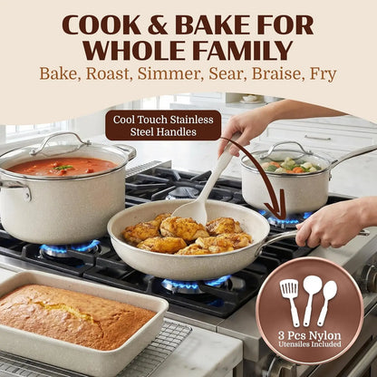 20 Pc Ceramic Nonstick Cookware Set, Complete Pots and Pans with Bakeware, Utensils & Steamer, Oven & Dishwasher Safe, PFOA PFOS Free