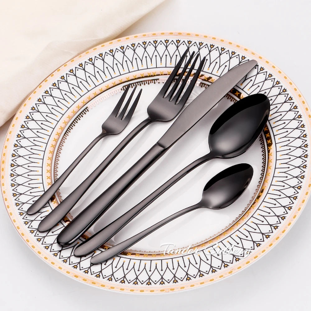 30/35/40 Pieces Western Tableware Stainless Steel Black Cutlery Set Elegant Dinner Set Mirror Knife Fork Spoon Kitchen Utensils