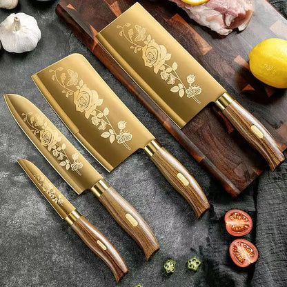 Gold Rose Pattern 4-Piece Kitchen Knife Set, Luxury Stainless Steel Chef Knives for Cooking, Sharp Professional Kitchen Tools