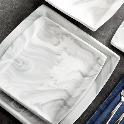 30PCS Marble Grey Porcelain Tableware Dinnerware Set with 6PCS Dessert/Soup/Dinner Plate/Cup/Saucer,Plates and Bowls Sets,FLORA