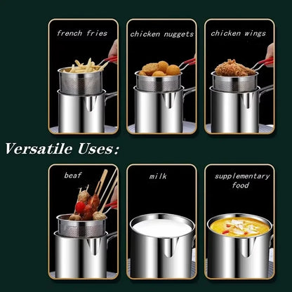 Stainless Steel Deep Frying Pot with Strainer Kitchen Tempura Fryer Pan for Fried Chicken French Fries Cooking Tools Home Use