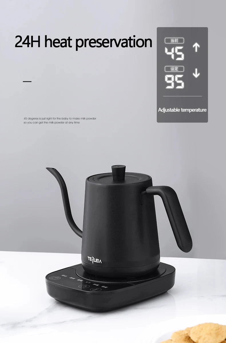 800ml Gooseneck Electric Kettle Hand Brew Coffee Pot Thermo Pot 304 Stainless Steel Teapot Smart Temperature-Control Water Jug