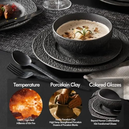 Black Dinnerware Sets 18-Piece Matte Marble Pattern Premium Porcelain Place Setting with Dinner Plate Salad Plate Pasta Bowl Mi