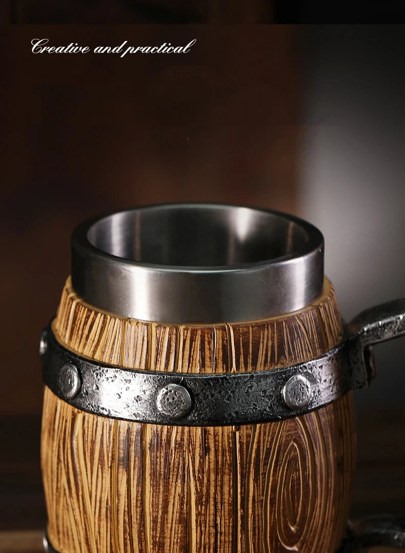 Viking Wood Style Beer Mug 3D Resin Stainless Steel Coffee Cup Wine Glass Metal Double Wall Mug Beer Jug Cup Thermal