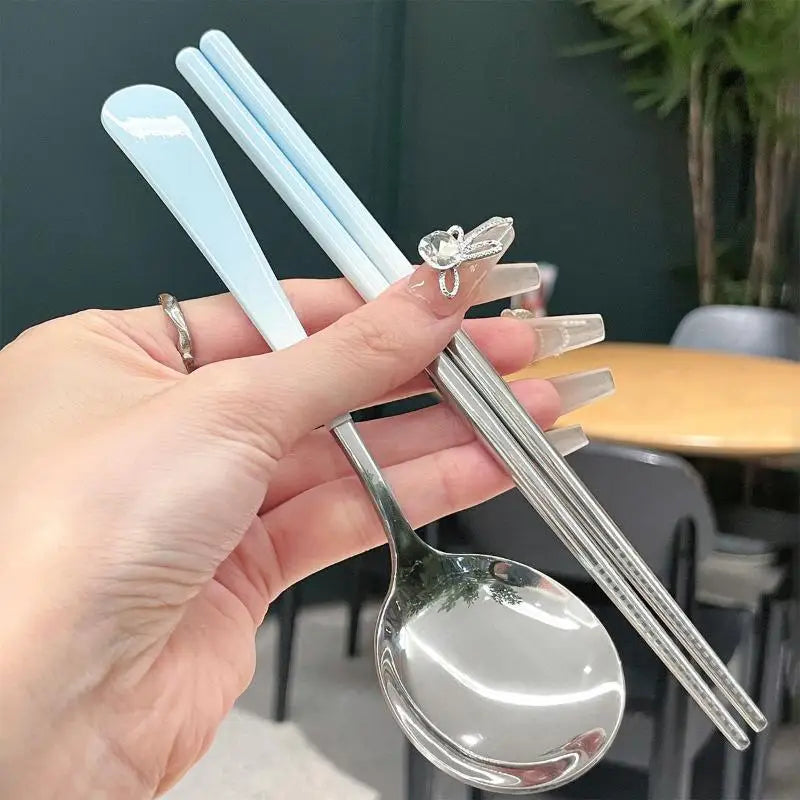 Stainless Steel Portable Cutlery Set Spoon Chopsticks Student Travel Korean Style Portable Cutlery Set With Box Kitchen Supply