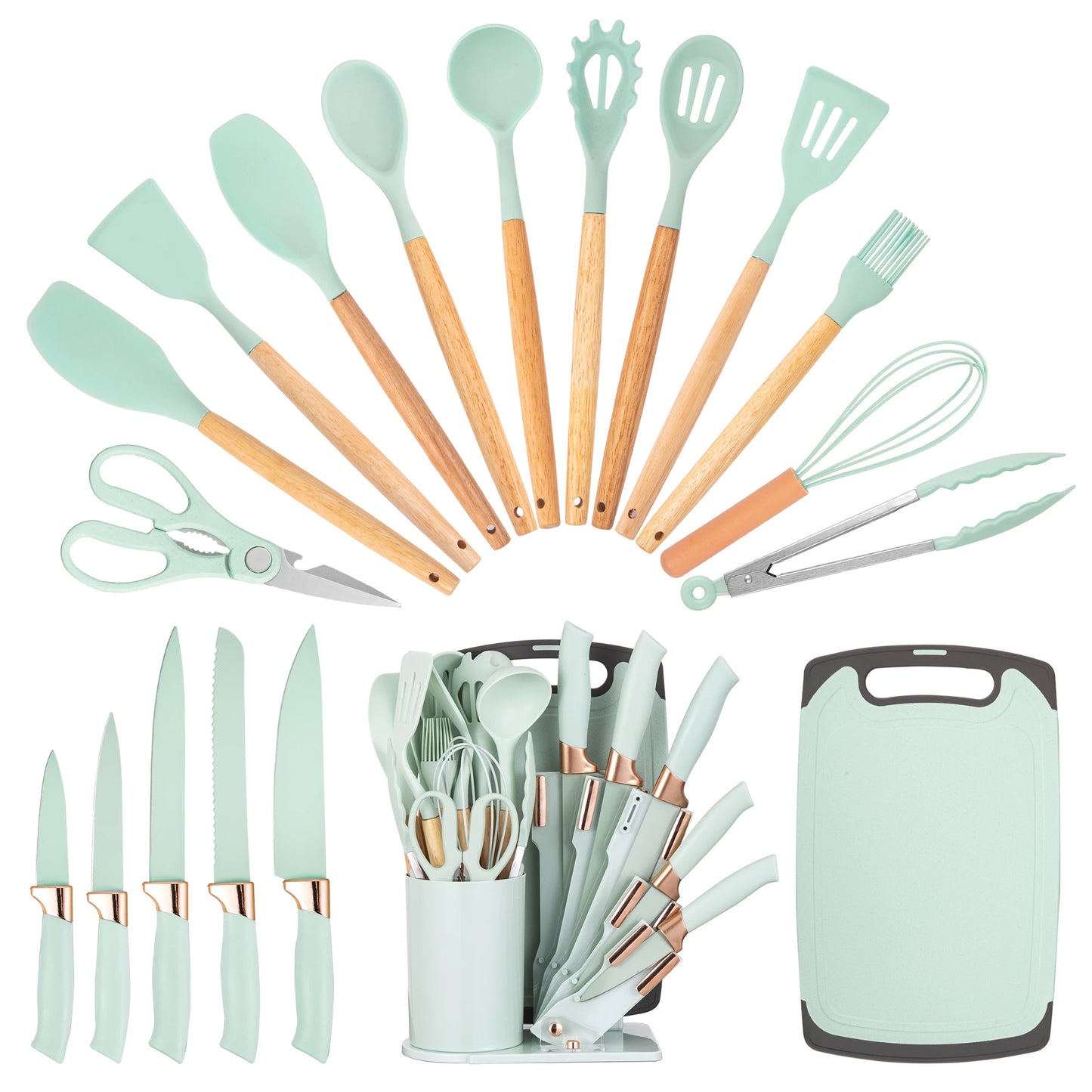 19Pcs Professional Kitchen Knife Set with Silicone Cooking Utensils & CuttingBoard, High Carbon Stainless Steel Chef Knives.