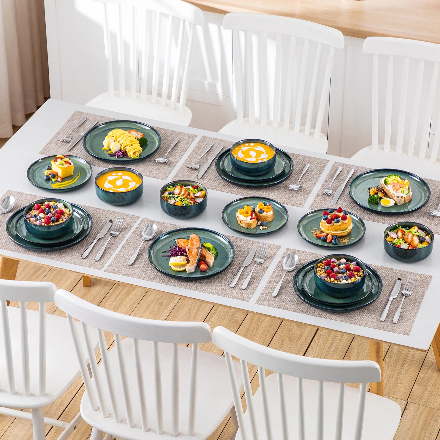 vancasso 12/18 Piece Green Reactive Glaze Dinnerware Set Scratch Resistant Stoneware Set with 4/6pcs Dinner plate/Dessert/Bowl
