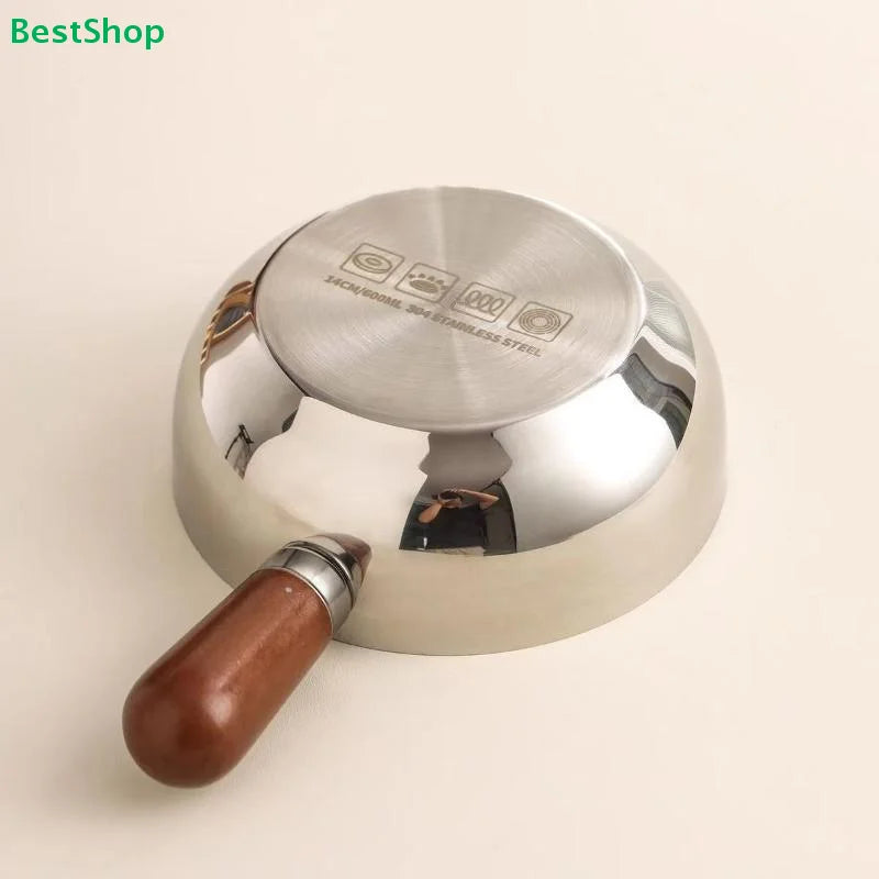 ♥Stainless Steel Saucepan with Wooden Handle - Single-Size Cookware for Boiling/Sauces, Induction & Gas Stove Compatible Pan