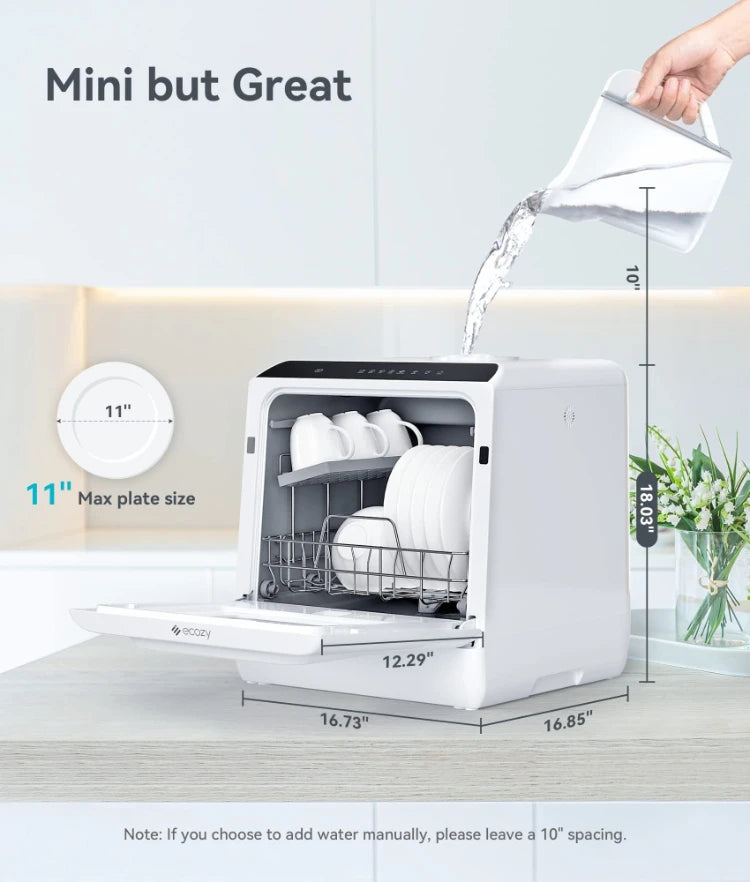 Ecozy Portable Countertop Mini Dishwasher with 5L Water Tank 6 Washing Programs Air Drying Function