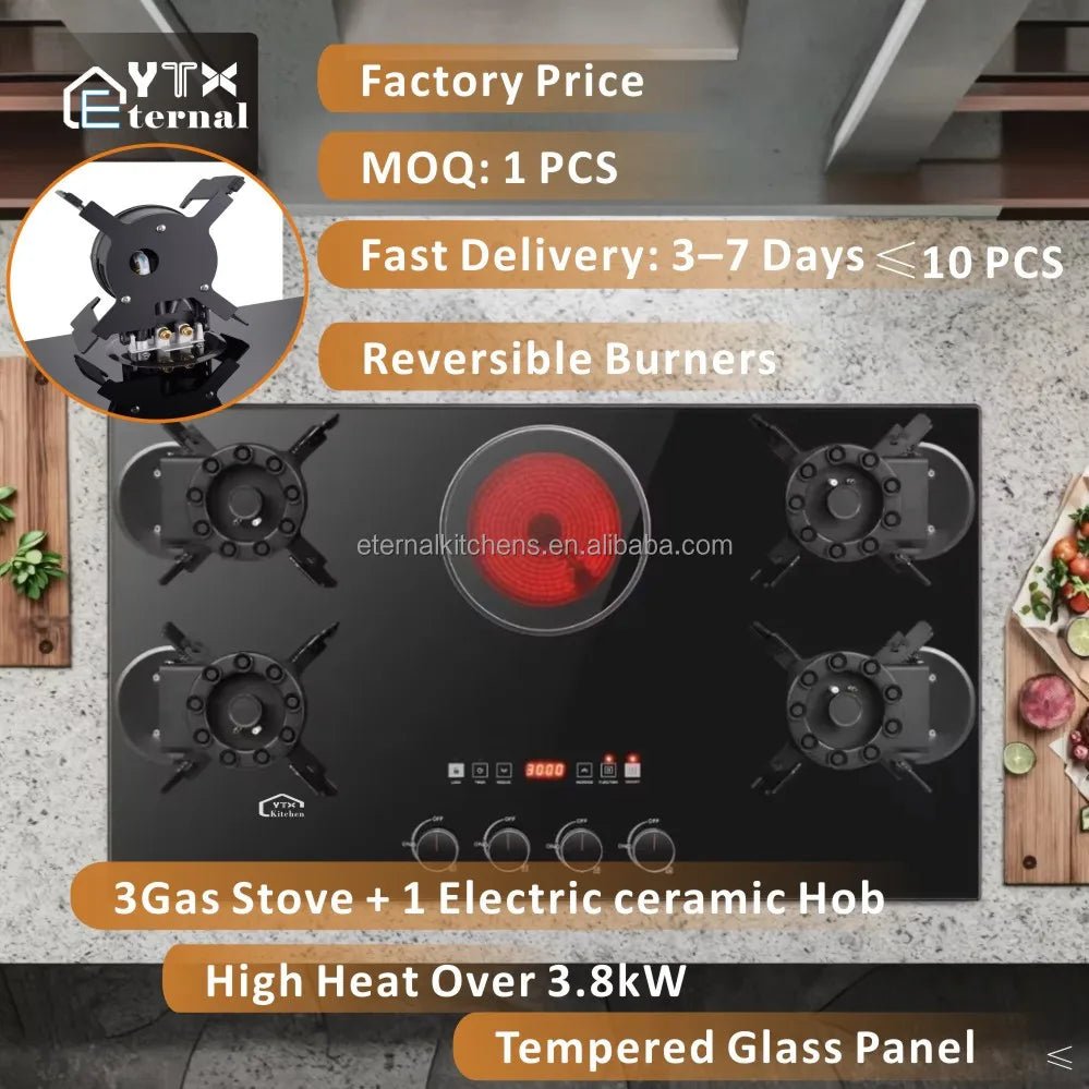 4 Gas 1 Electric Ceramic Hob, Multi-Functional Glass Cooktop, Reversible Burners, Gas Stove for Outdoor RV and Indoor Use