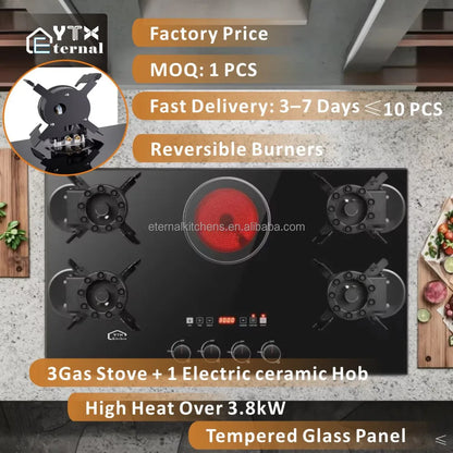 4 Gas 1 Electric Ceramic Hob, Multi-Functional Glass Cooktop, Reversible Burners, Gas Stove for Outdoor RV and Indoor Use