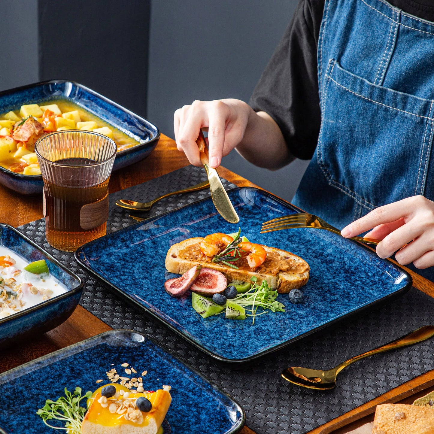 Vancasso Stern Dinner Set Blue Square Kiln Change Glaze Tableware 16 Pieces Kitchen Dinnerware Ceramic Crockery Set for 4 Person