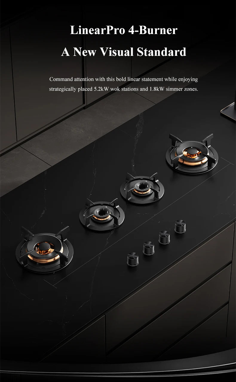 Premium Built-in  Cooktop 4-Burner 5.2KW Copper Flame Failure Protection Panel-Ready for  Kitchen