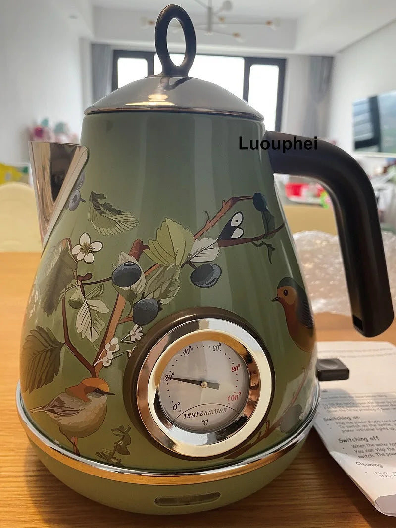 1.7L Retro Paint Decal Electrc Kettle Boiling Water With Thermometer Auto Power Off 304 stainless Steel Electrc Teapot 220V