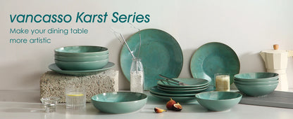 Vancasso KARST 16/32/48 Piece Green Embossed Stoneware Tableware Set with Dinner/Dessert Plate/Soup Bowl/Mug Service for 4/8/12