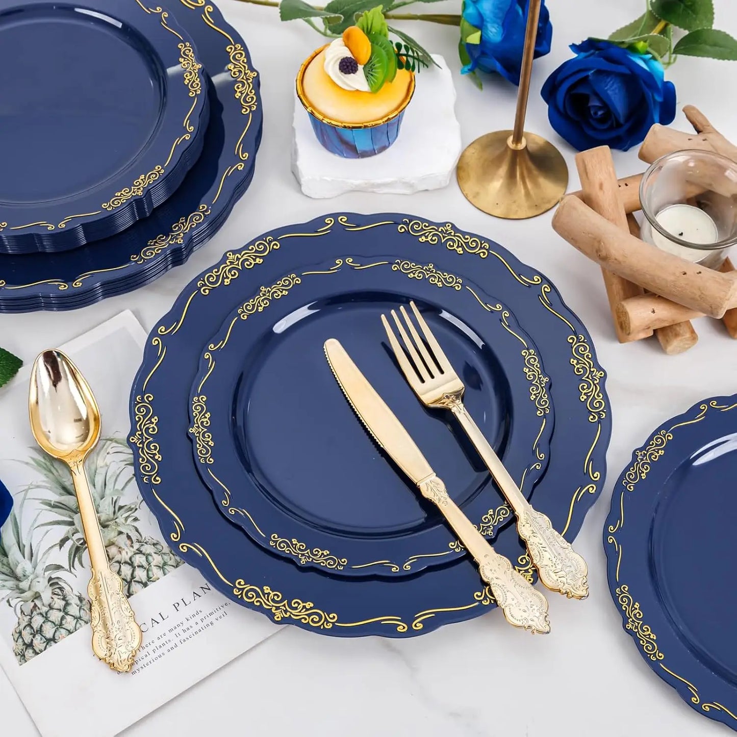150Pcs Blue Plastic Plates Heavy Duty Navy Blue Disposable Plates with Gold Plastic Silverware include 30 Dinner Plate,30 Des