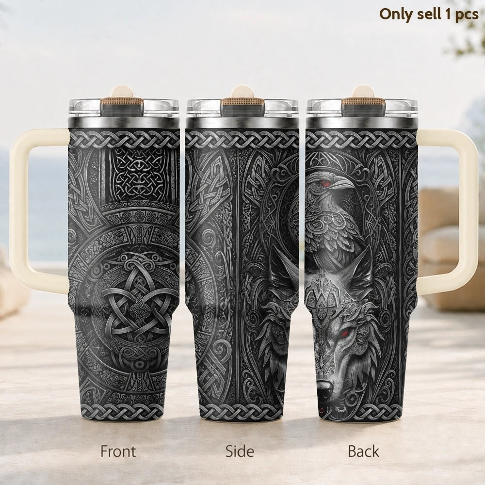 Norse Wolf Raven Celtic Prints Vacuum Flasks 40oz 3rd Gen Vacuum Insulated Stainless Steel Tumbler Cup With Handle Straw Lid