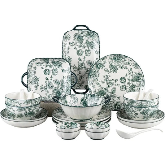 24-Piece Ceic Dinnerware Set, Service or 4, Vintage Green Rose loral Plates and Bowls Sets, Microwave & Dishwasher Sae, Porcelai