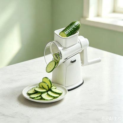 Cheese Grater with Rotary Hand Crank, Vegetable Chopper with Replaceable Stainless Blades, Strong Suction Base, Easy-Clean Multipurpose Kitchen Slicer