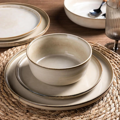 Ceramic Dinnerware Sets for 6, 18 Pieces Stoneware Plates and Bowls Sets, Scratch Resistant Dishes Reactive Glaze-Cappuccino